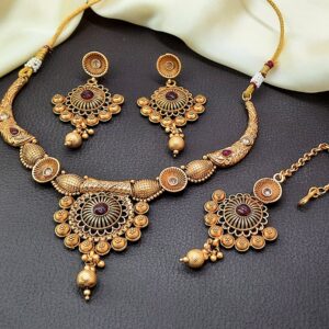 Antique-Matte-Gold-Plated-Necklace-Jewellery-Set