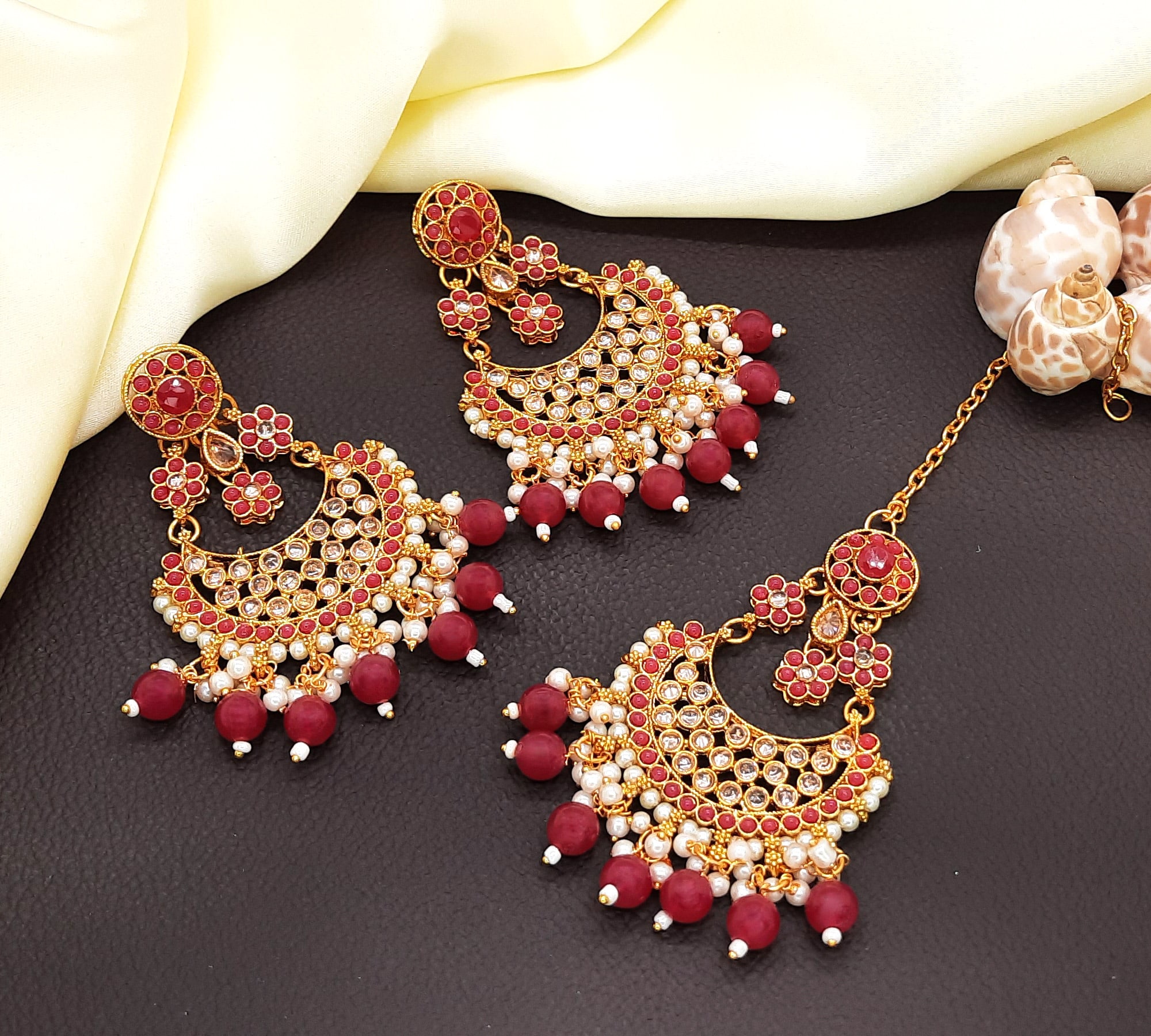 New Bridal Maang Tikka Earrings Set Pearl Kundan Mirror Gold Tone Indian  Jewelry | eBay