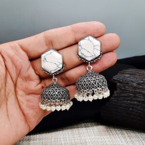 Oxidised Plated Pearl Afghan Jhumki Earring Afghan Ethnic Jhumka Earrings White
