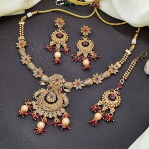 Rajwari-Necklace-Earrings-Tikka-Matte-Gold-Plated-Jewellery-Set
