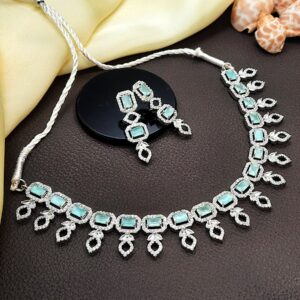 Silver-American-Diamond-Necklace-Set-Emerald-Cut-Crystal-Necklace-Jewelry-light-Cyan-Stones